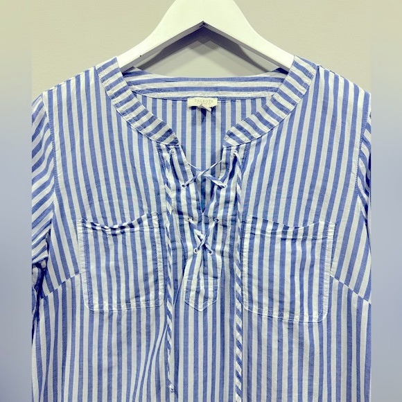 Talbots Striped Front Tie Roll Tab Sleeves Top Blouse Pullover Medium Petite - Picture 2 of 9